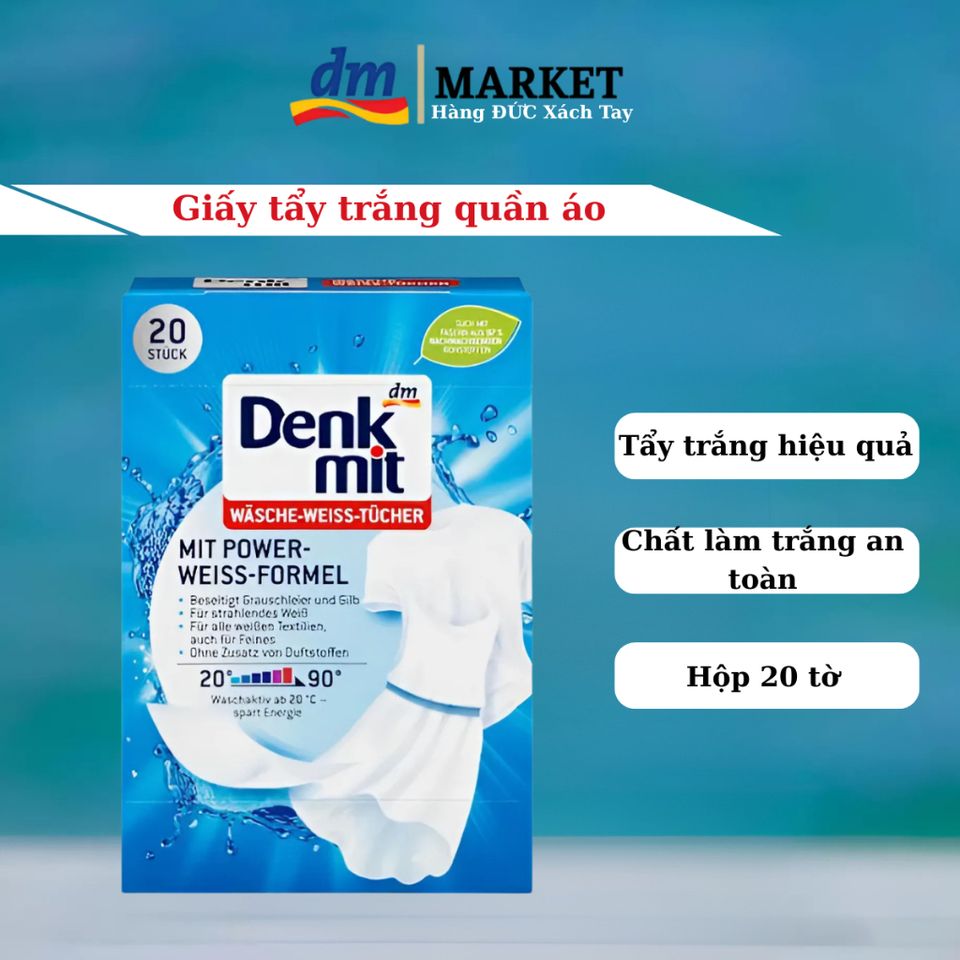Giấy Tẩy Trắng Quần Áo Denkmit - Giải Pháp Tẩy Ố Vàng Nhanh Chóng Từ Đức, 20 Miếng, Giữ Quần Áo Trắng Sáng Như Mới