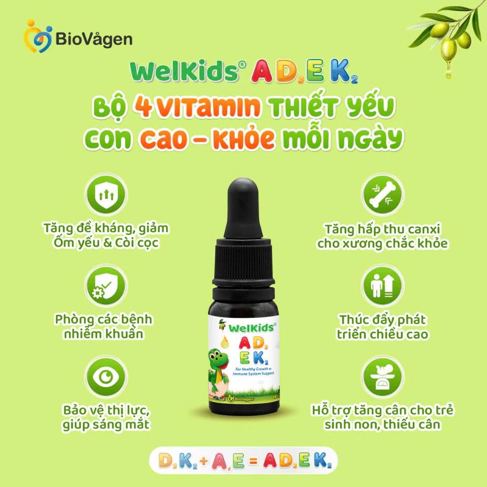 WelKids ADEK - Vitamin D3, K2, A & E Bổ Sung Dinh Dưỡng Cho Bé Tăng Chiều Cao - Dầu Olive Hữu Cơ 10ml