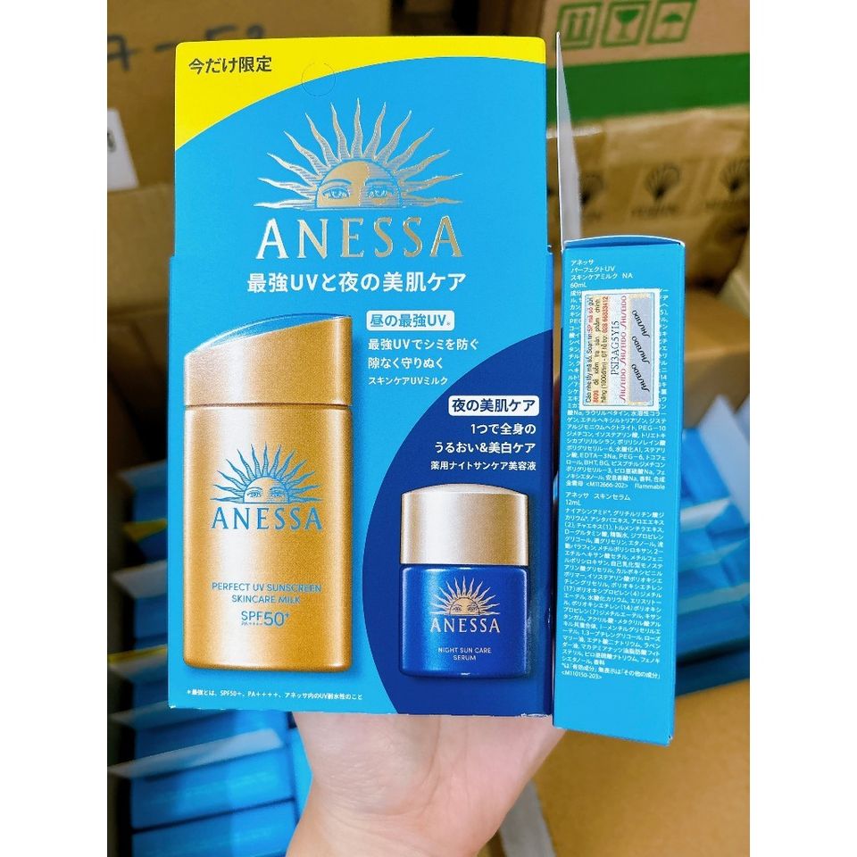 Bộ Sản Phẩm Chống Nắng Anessa Gold Milk SPF50+ và Serum Dưỡng Da Night Sun - Bảo Vệ Da, Dưỡng Ẩm, Chống Lão Hóa, Dành Cho Da Dầu