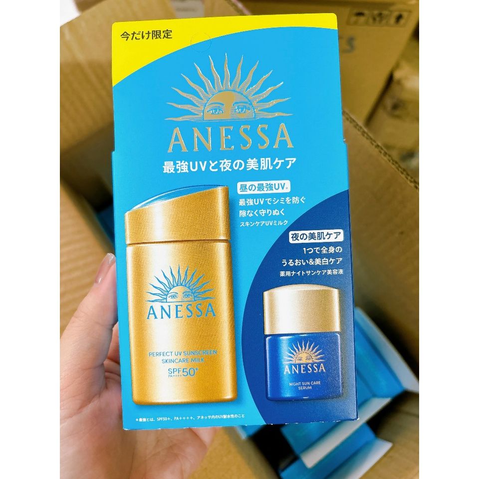 Bộ Sản Phẩm Chống Nắng Anessa Gold Milk SPF50+ và Serum Dưỡng Da Night Sun - Bảo Vệ Da, Dưỡng Ẩm, Chống Lão Hóa, Dành Cho Da Dầu