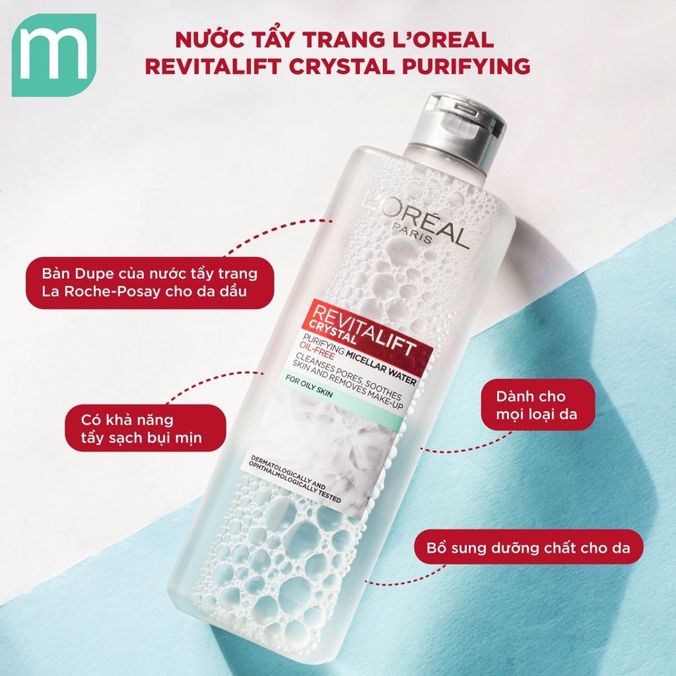 Nước Tẩy Trang L'Oréal Paris Revitalift Crystal Micellar Water 400ml - Dành cho Da Dầu, Làm Sạch Sâu, Không Cần Rửa Lại, Giúp Da Mịn Màng, Tươi Mát