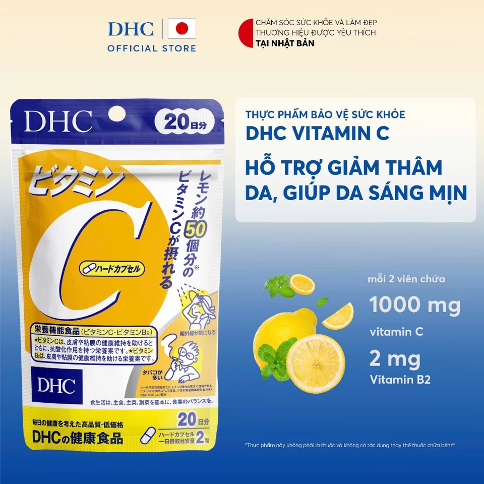 Viên uống DHC Vitamin C Hard Capsule 1000mg - Bổ sung Vitamin C, B2, Giúp Da Sáng Mịn, Giảm Thâm, Hỗ Trợ Sức Khỏe Da - Made in Japan