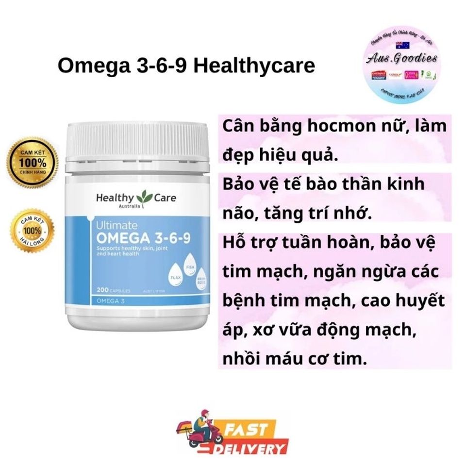 Viên uống Omega 369 Healthy Care Úc 200 viên - Tăng cường sức khỏe tim mạch, giúp sáng mắt và hỗ trợ trí não