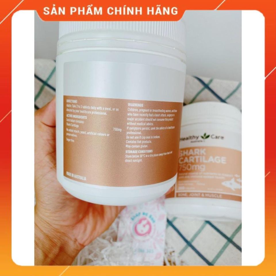 Viên uống Healthy Care Shark Cartilage 750mg - Hỗ trợ sức khỏe xương khớp, giảm đau và viêm khớp, 200 viên nhập khẩu từ Australia