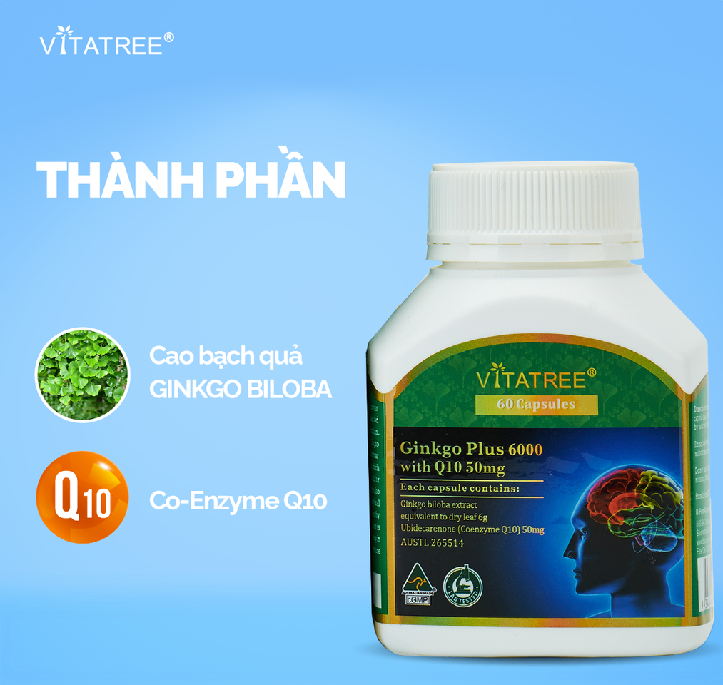 Viên Uống Bổ Não Vitatree Ginkgo Plus 6000mg với Coenzyme Q10 50mg - Tăng Cường Trí Nhớ, Cải Thiện Chức Năng Nhận Thức