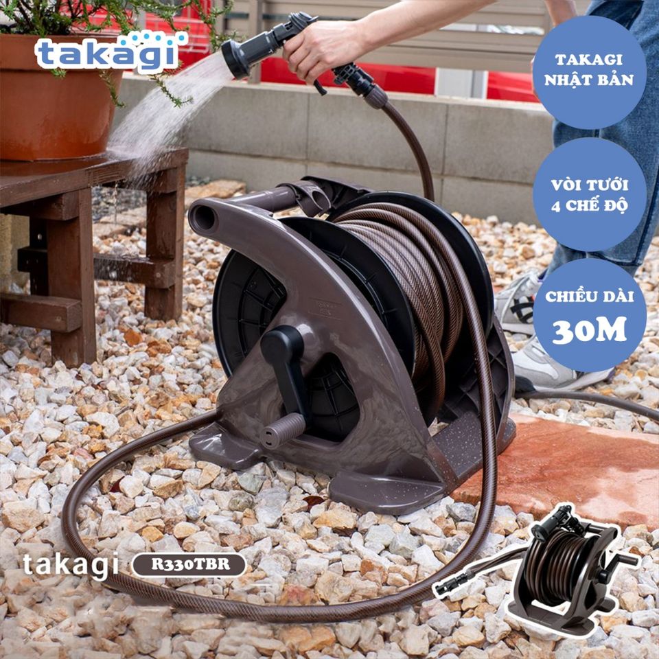 Bộ cuộn ống tưới cây 30m Takagi R330TBR - Chất liệu nhựa PP cao cấp, 4 chế độ phun, thiết kế tiện lợi cho vườn cây xanh tươi