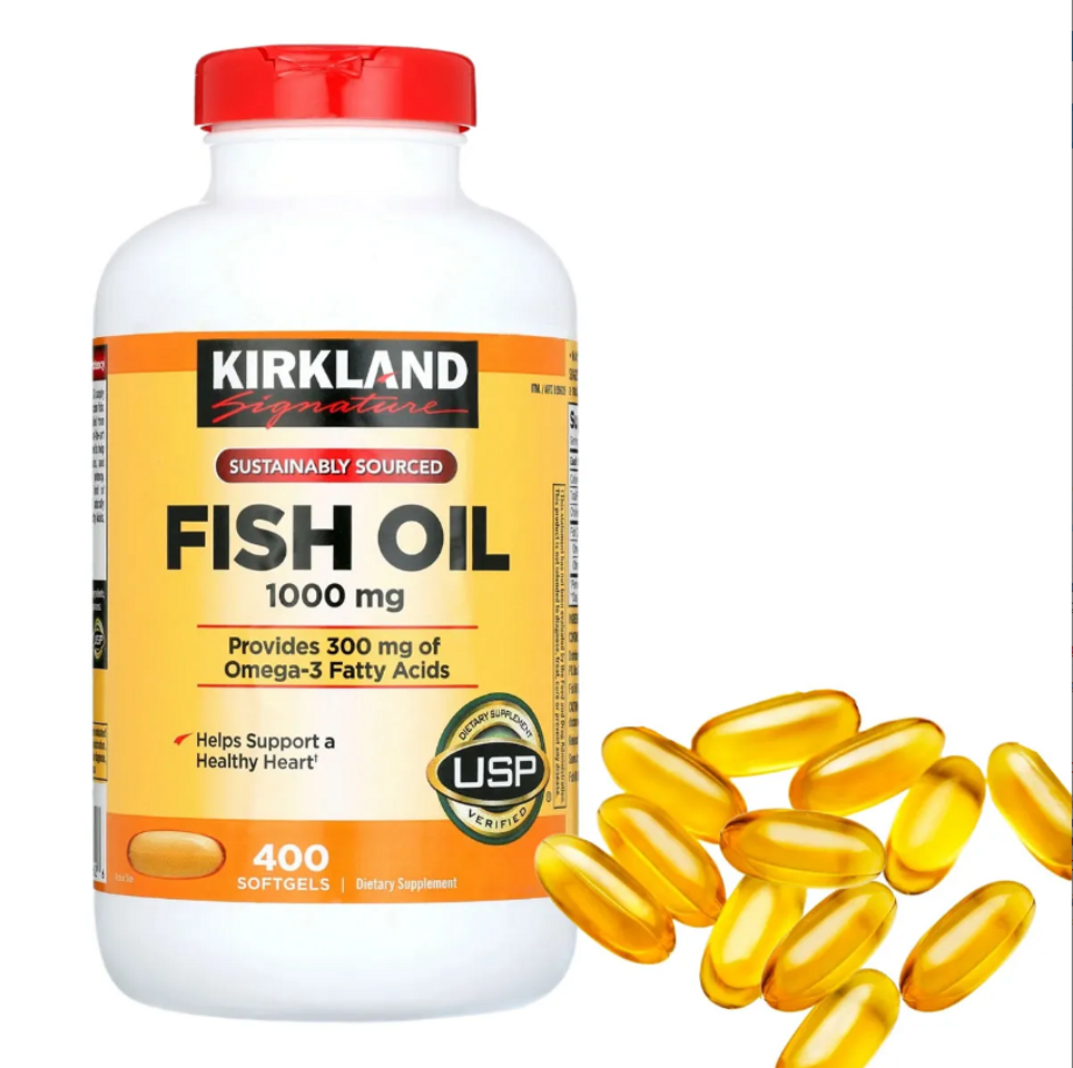 Dầu Cá  Fish oil Kirkland Signature 1000 Mg - Hỗ Trợ Sức Khỏe Tim Mạch và Não Bộ, 400 Viên Omega-3 chất lượng từ Mỹ