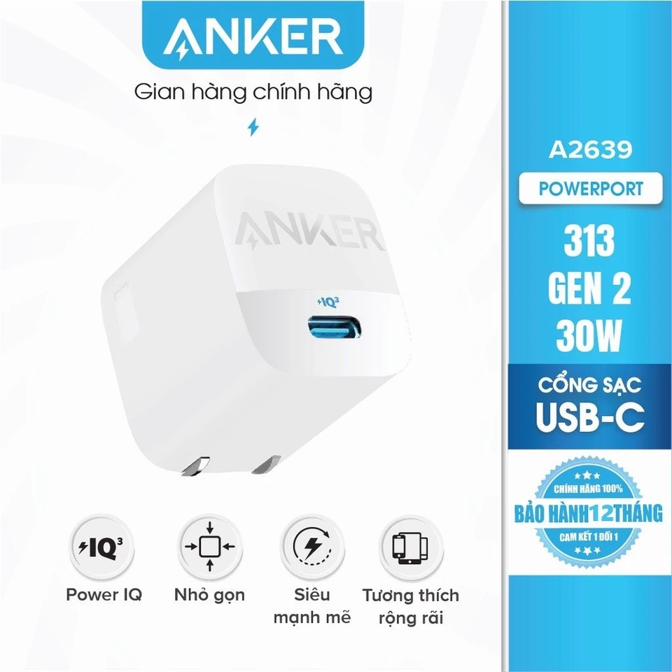 Củ Sạc Nhanh 30W Anker 313 - Công Nghệ GaN Tiên Tiến, Sạc Siêu Tốc PD Cho iPhone & Samsung, Nhỏ Gọn Dễ Dàng Mang Theo