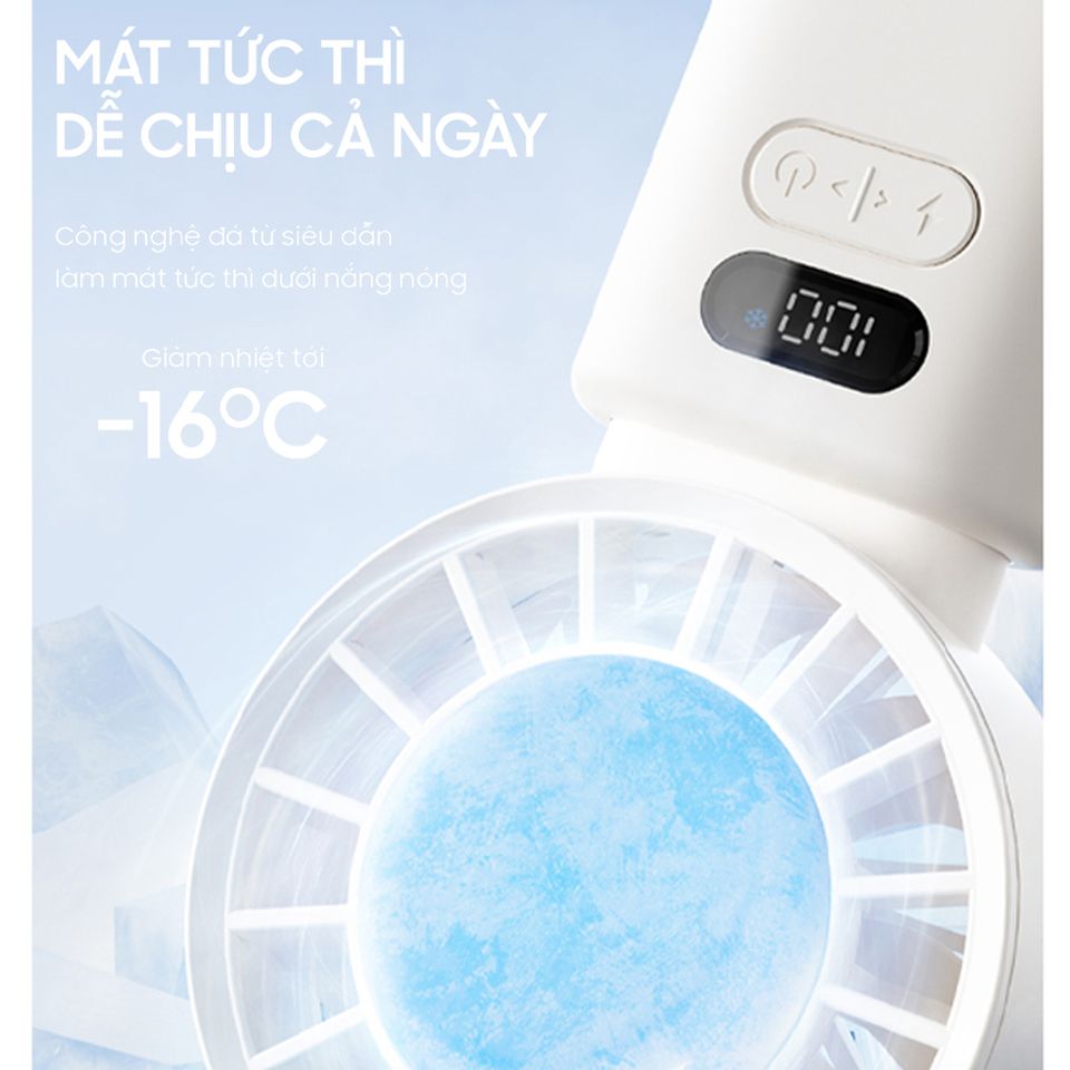 Quạt Cầm Tay Mini Gấp Gọn Ollie - Quạt Tích Điện 100 Cấp Độ, Gió Mạnh 8m/s, Pin 3600mAh, Thiết Kế Đeo Cổ Tiện Lợi