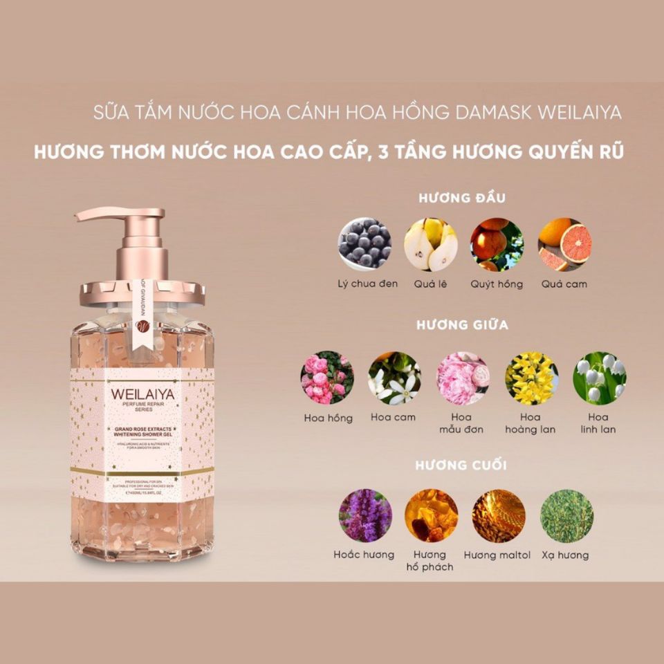 Sữa Tắm Trắng Da Cánh Hoa Hồng Damask Weilaiya 450ml - Chăm Sóc Da Dưỡng Ẩm, Nguyên Liệu Từ Bulgaria, Hương Nước Hoa Quyến Rũ