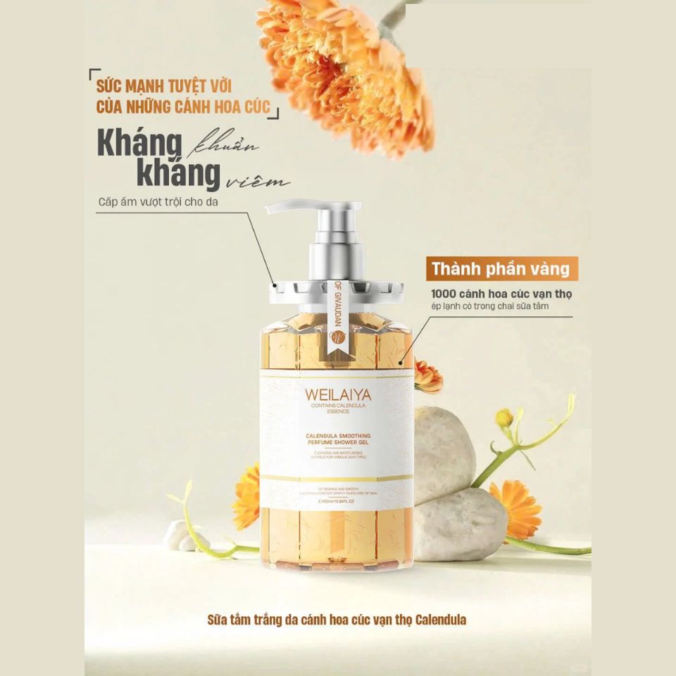 Sữa Tắm Trắng Da Cánh Hoa Cúc Vạn Thọ Weilaiya 450ml - Dưỡng Da Mịn Màng, Chống Viêm, Làm Sáng Tông Da, Chăm Sóc Toàn Thân