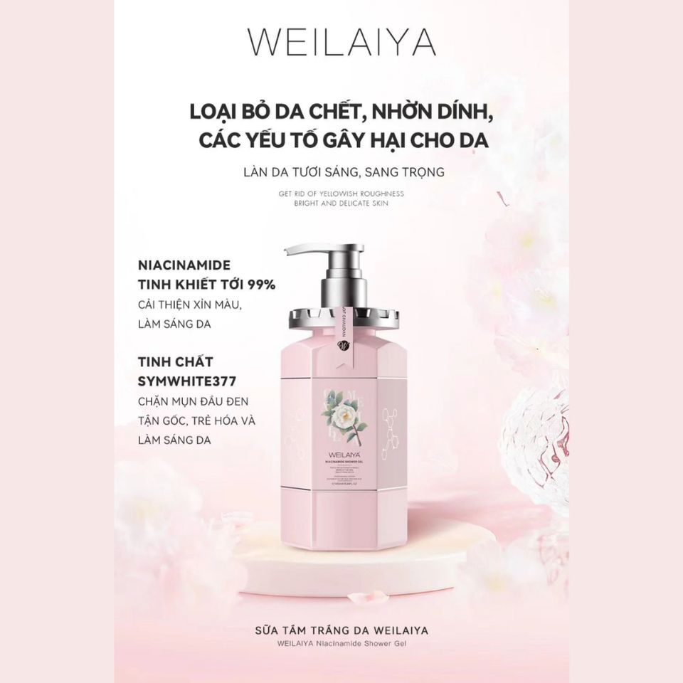 Sữa Tắm Trắng Da Hương Hoa Trà Weilaiya 450ml - Dưỡng Sáng Làn Da, Niacinamide & Công Nghệ SYM WHITE 377, Hương Thơm Sang Trọng