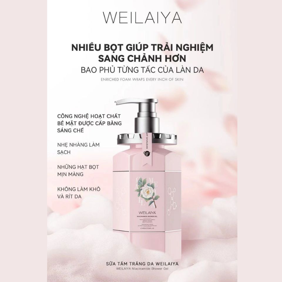 Sữa Tắm Trắng Da Hương Hoa Trà Weilaiya 450ml - Dưỡng Sáng Làn Da, Niacinamide & Công Nghệ SYM WHITE 377, Hương Thơm Sang Trọng