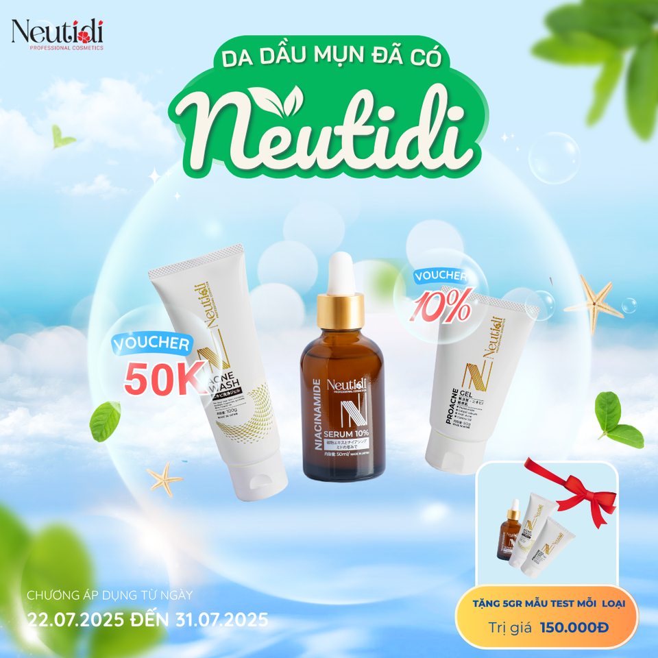 Combo Neutidi Chăm Sóc Da Dầu Mụn - Sữa Rửa Mặt, Serum Niacinamide và Gel Dưỡng Ẩm - Giảm Mụn, Se Khít Lỗ Chân Lông, Tái Tạo Da