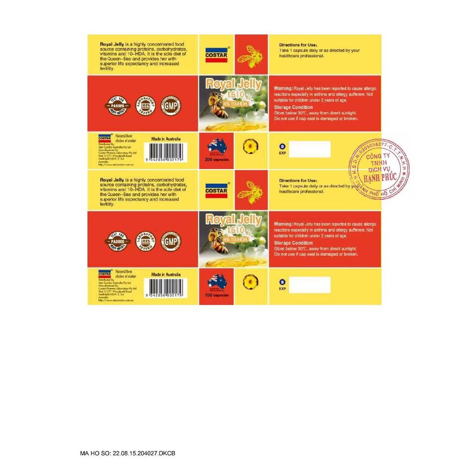 Viên sữa ong chúa Royal Jelly 6% 1610mg 10 HDA Úc - Tăng cường sức đề kháng, làm đẹp da, hỗ trợ giấc ngủ ngon, 365 viên