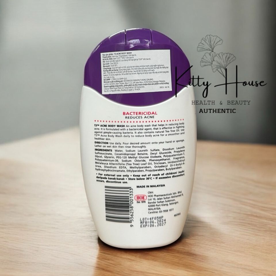 Sữa Tắm T3 Acne Body Wash 200ml - Giảm Mụn, Chiết Xuất Dầu Tràm, Da Mềm Mại, Chính Hãng, Chăm Sóc Cơ Thể Tự Nhiên