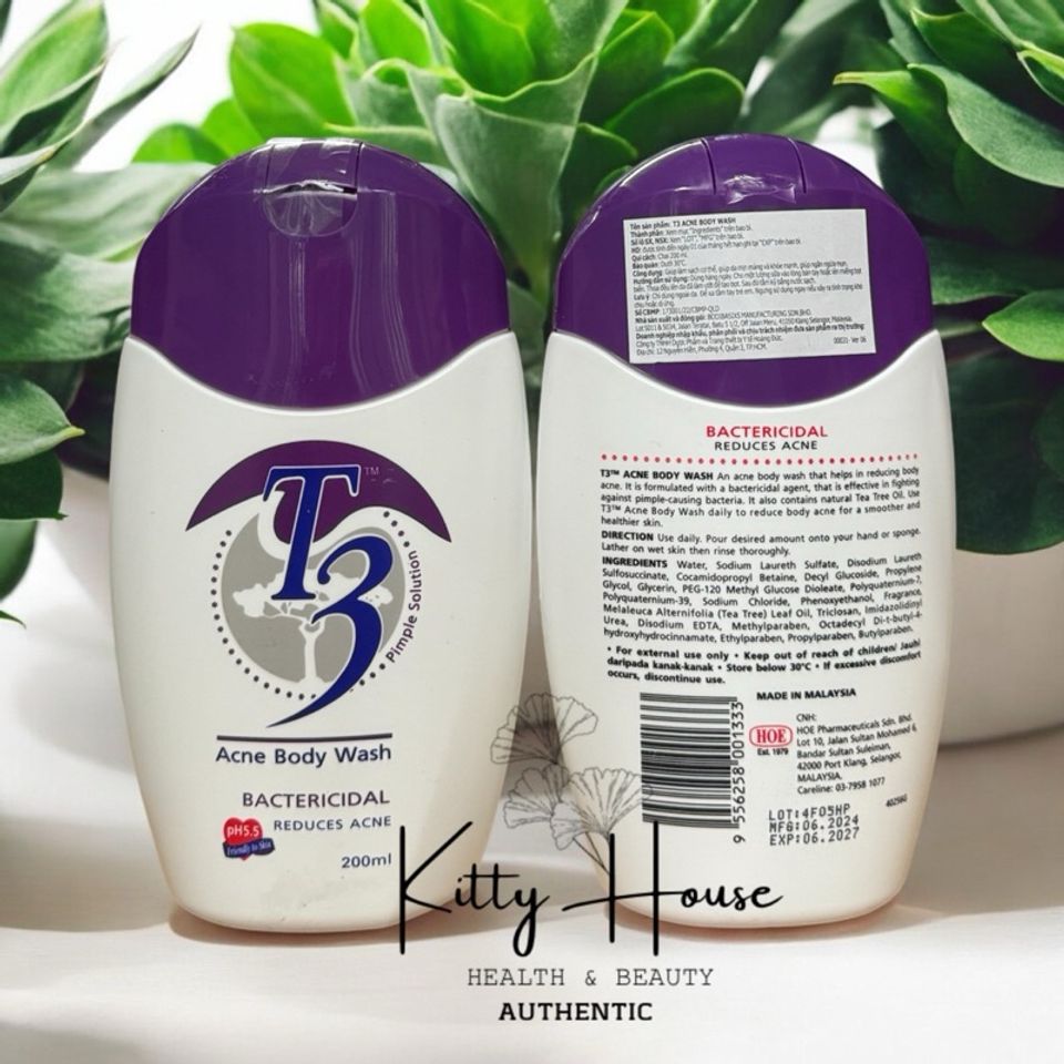 Sữa Tắm T3 Acne Body Wash 200ml - Giảm Mụn, Chiết Xuất Dầu Tràm, Da Mềm Mại, Chính Hãng, Chăm Sóc Cơ Thể Tự Nhiên