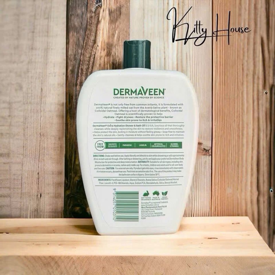 Dầu tắm DermaVeen Extra Hydration 1L - Dưỡng ẩm & làm dịu da khô, nhạy cảm - Không chứa paraben, phù hợp cho trẻ em và người lớn
