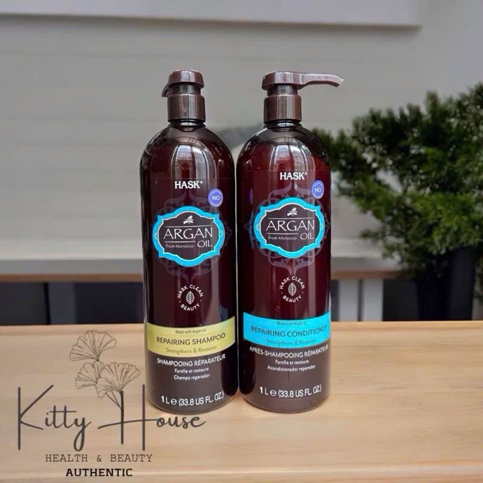Bộ Dầu Gội và Xả Hask Argan Oil Morocco 1 Lít - Phục Hồi Tóc Khô, Hư Tổn, Mượt Mà, Thơm Ngát