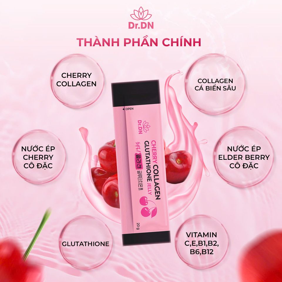 Thạch Cherry Collagen Glutathione Dr.DN - Cải Thiện Độ Đàn Hồi, Làm Sáng Da, Hỗ Trợ Giảm Nếp Nhăn, Hương Vị Ngon, Tiện Lợi Sử Dụng
