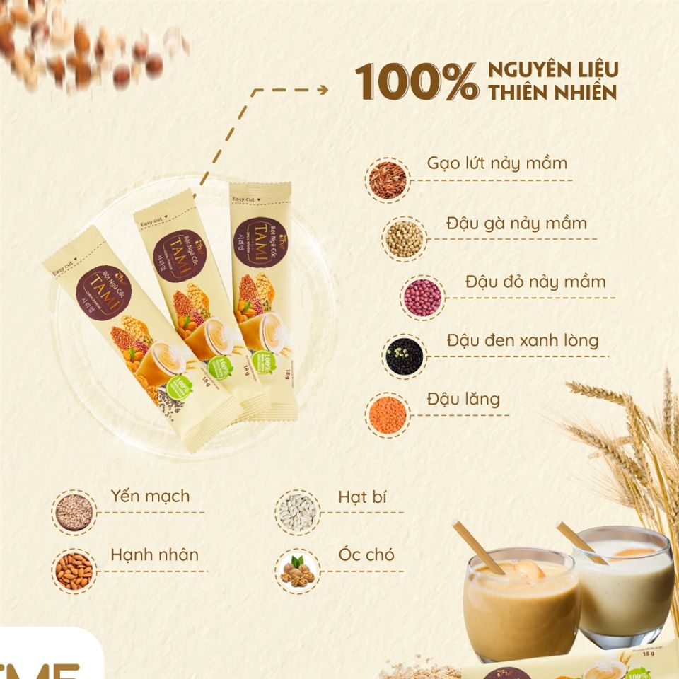 Bột Ngũ Cốc Nảy Mầm Tami 900g - 50 Gói Ít Ngọt Dinh Dưỡng Giảm Cân và Ăn Kiêng Tâm Minh Foods