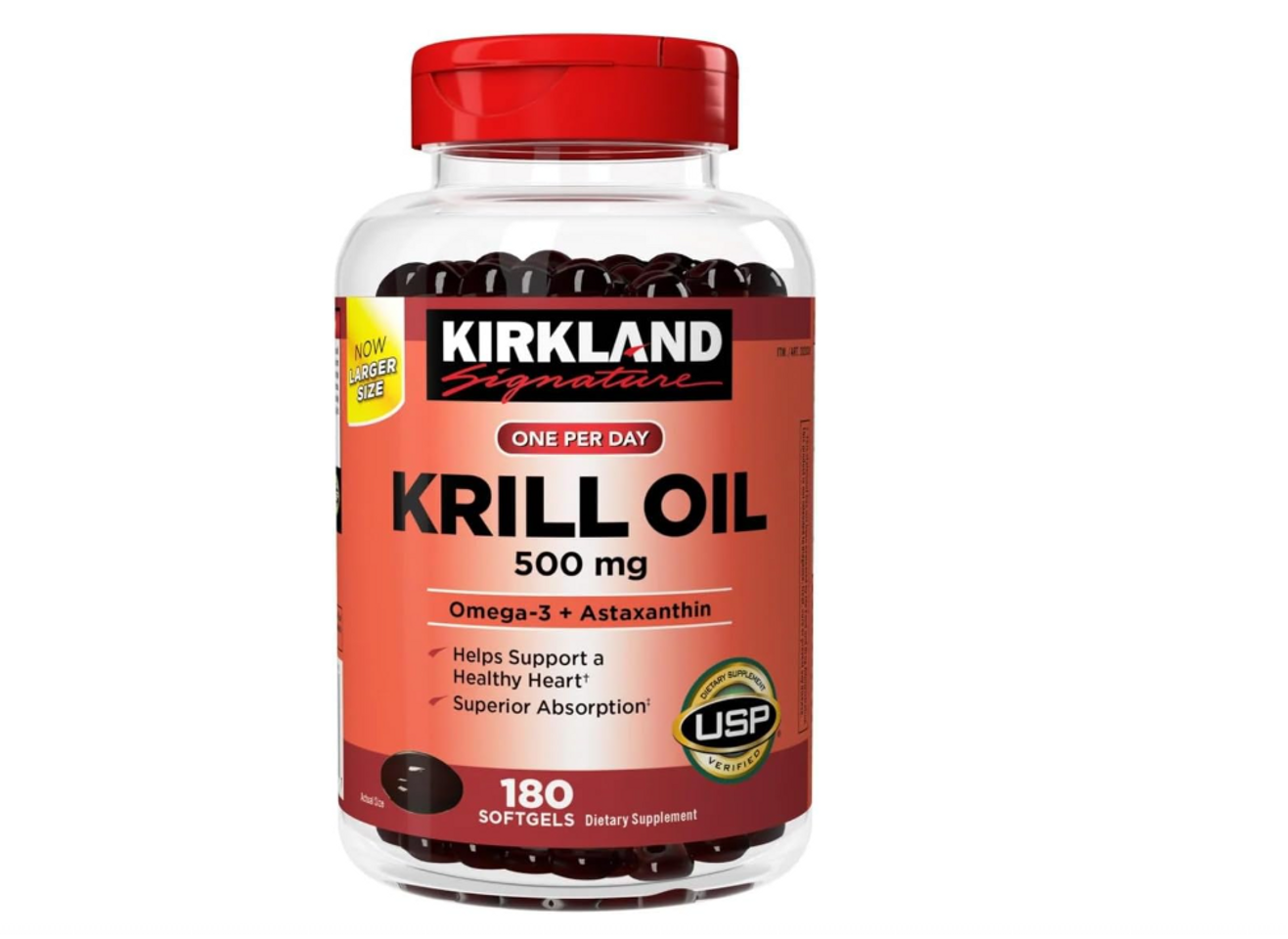 Viên uống dầu nhuyễn thể Kirkland Signature Krill Oil 500mg 180 viên - Hỗ trợ sức khỏe tim mạch và não bộ, bổ sung Omega-3 tự nhiên