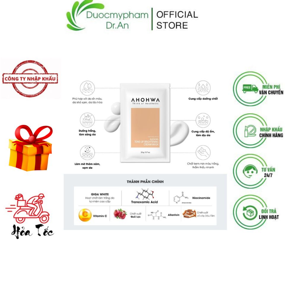 Mặt Nạ Ủ Trắng AHOHWA Dưỡng Da Sáng Mịn Tone-Up Cream Mask 20g - Giảm Thâm Nám, Tăng Cường Vitamin C, Chiết Xuất Thiên Nhiên