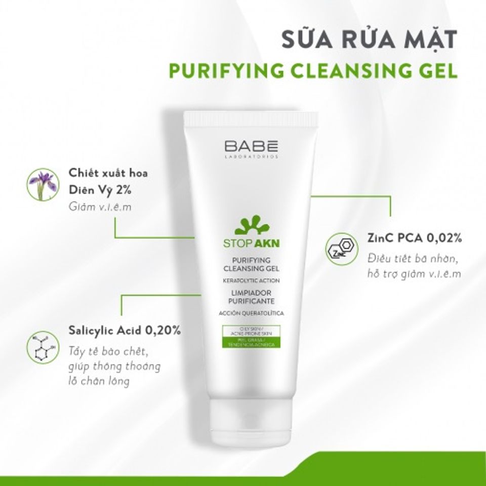 Sữa Rửa Mặt BaBe Stop AKN Purifying Cleansing Gel 200ml - Kiểm Soát Bã Nhờn, Làm Sạch Dịu Nhẹ, Phù Hợp Cho Da Nhờn và Dễ Bị Mụn