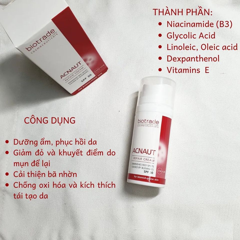 Kem Dưỡng Biotrade Acnaut Repair Cream 30ml - Ngừa Sẹo, Tái Tạo Da Sau Mụn, Loại Bỏ Đốm Đỏ, Chống Nắng SPF 30, Chống Oxy Hóa