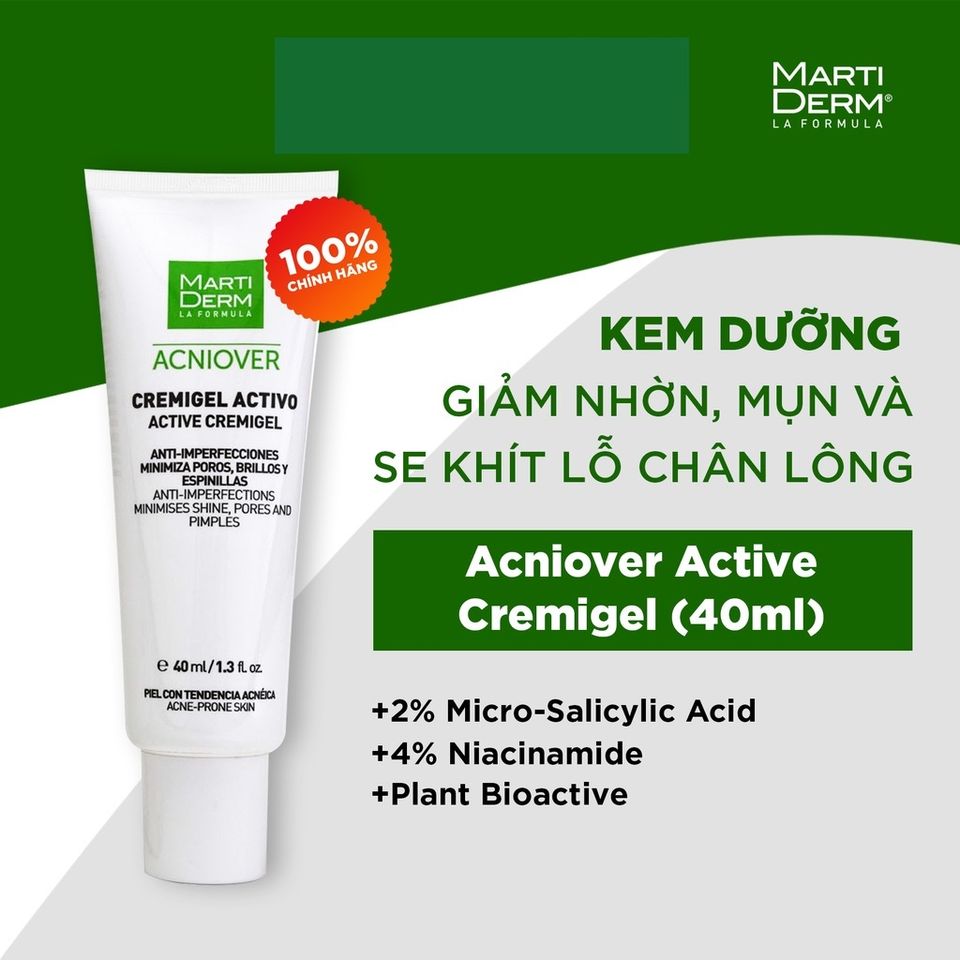Kem Dưỡng Martiderm Acniover Cremigel Active 40ml - Giảm Mụn, Điều Tiết Bã Nhờn, Se Khít Lỗ Chân Lông Cho Da Dầu và Hỗn Hợp