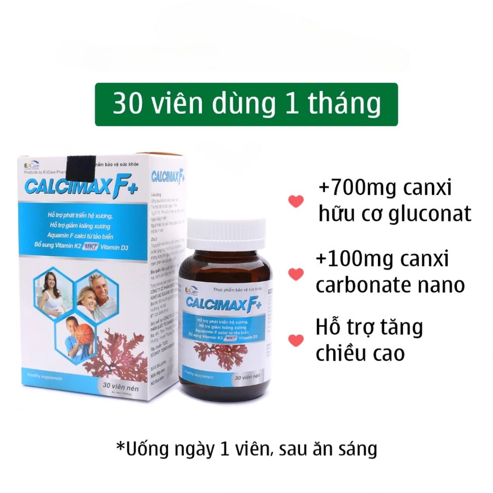Viên bổ sung Canxi, Vitamin D3, K2 MK7 Calcimax F+ EUCARE - Hỗ trợ xương khỏe mạnh, giảm loãng xương - 30 viên cho trẻ và người lớn