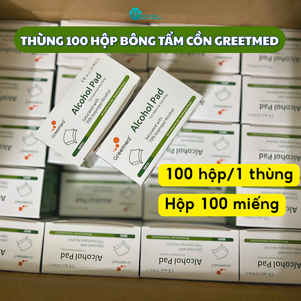 Thùng 100 Hộp Bông Tẩm Cồn Greetmed 70% - Bông Mịn Sát Khuẩn Đa Năng Cho Gia Đình - Vệ Sinh An Toàn và Tiện Lợi