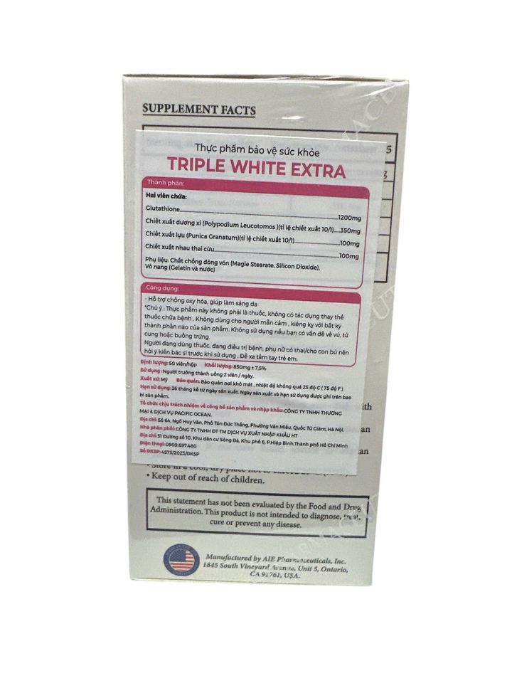Viên Uống Trắng Da Triple White 50 Viên - Giúp Da Sáng Mịn, Đều Màu, Chống Nắng Hiệu Quả, Sản Phẩm Làm Đẹp Chất Lượng Cao