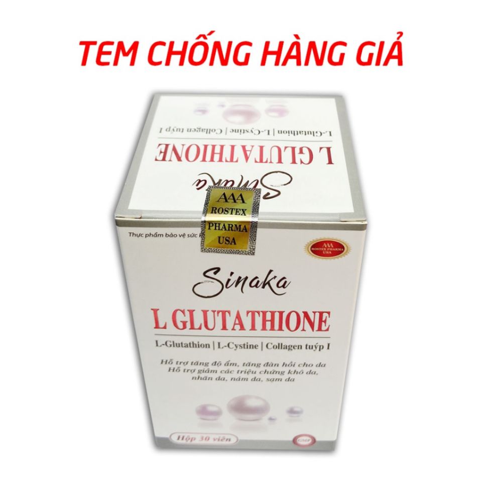 Viên uống Sinaka L Glutathione HDPHARMA - Bổ sung L-Glutathione, Collagen, Vitamin C - Giúp trắng sáng, giảm khô da, nám, và nhăn da - Hộp 30 viên