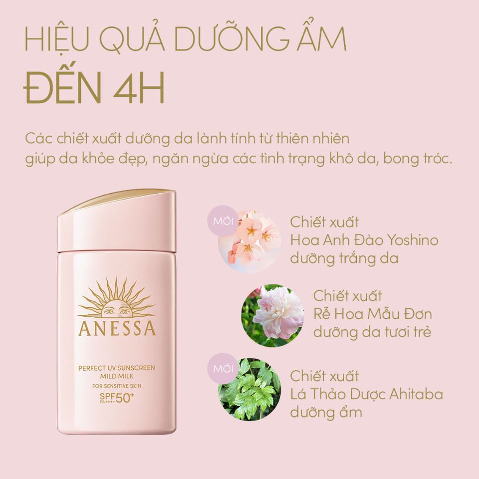 Sữa Chống Nắng Anessa Cho Da Nhạy Cảm Perfect UV Mild Milk SPF50+/PA++++ 60ml - Bảo Vệ Da Tối Ưu, Không Gây Kích Ứng, Thấm Nhanh