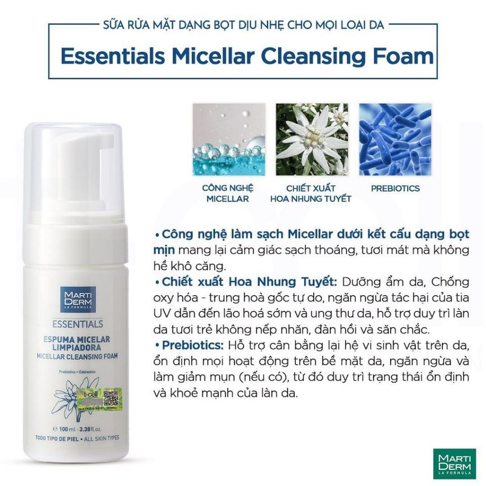 Sữa Rửa Mặt Dạng Bọt MartiDerm Essentials 100ml - Làn Da Sạch Sâu, Dịu Nhẹ, Phù Hợp Với Da Nhạy Cảm, Chống Oxy Hóa Edelweiss