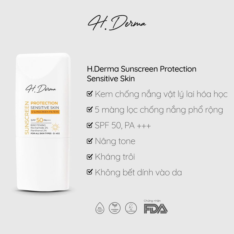 Kem Chống Nắng H.Derma Cho Da Nhạy Cảm - Bảo Vệ UV, Dưỡng Sáng & Nâng Tone Tự Nhiên, Kem Chống Nắng Vật Lí Chất Lượng Cao