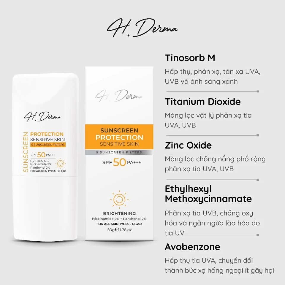 Kem Chống Nắng H.Derma Cho Da Nhạy Cảm - Bảo Vệ UV, Dưỡng Sáng & Nâng Tone Tự Nhiên, Kem Chống Nắng Vật Lí Chất Lượng Cao