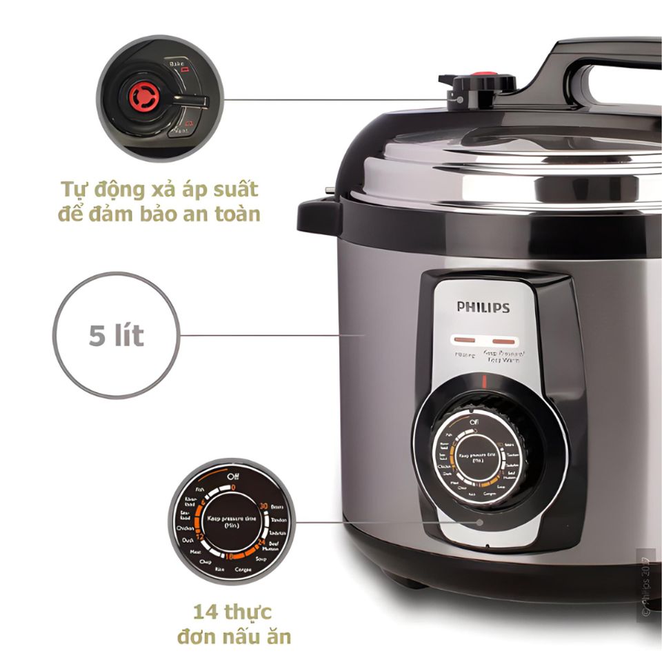 Nồi áp suất cơ Philips HD2103 - Dung tích 5L, 900W, menu nấu đa dạng, bảo hành 2 năm, món ăn nhanh gọn tiện lợi cho gia đình