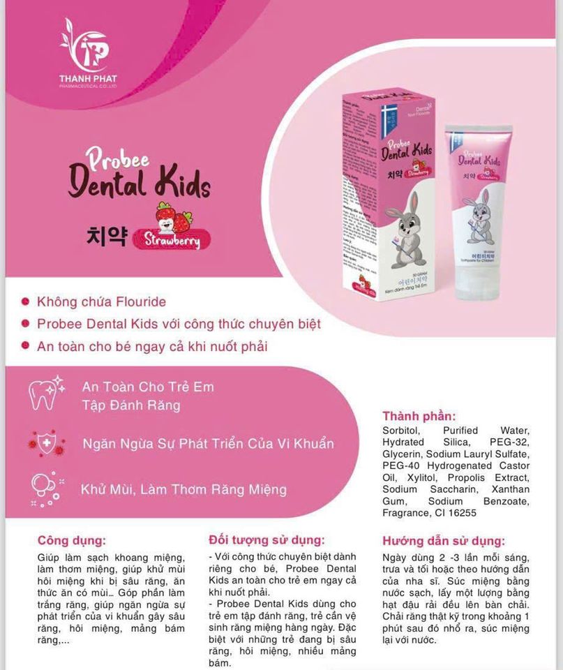 Kem Đánh Răng Trẻ Em Vị Dâu Probee Dental Kids - Giúp Làm Sạch & Thơm Miệng, Ngăn Ngừa Sâu Răng - 50g