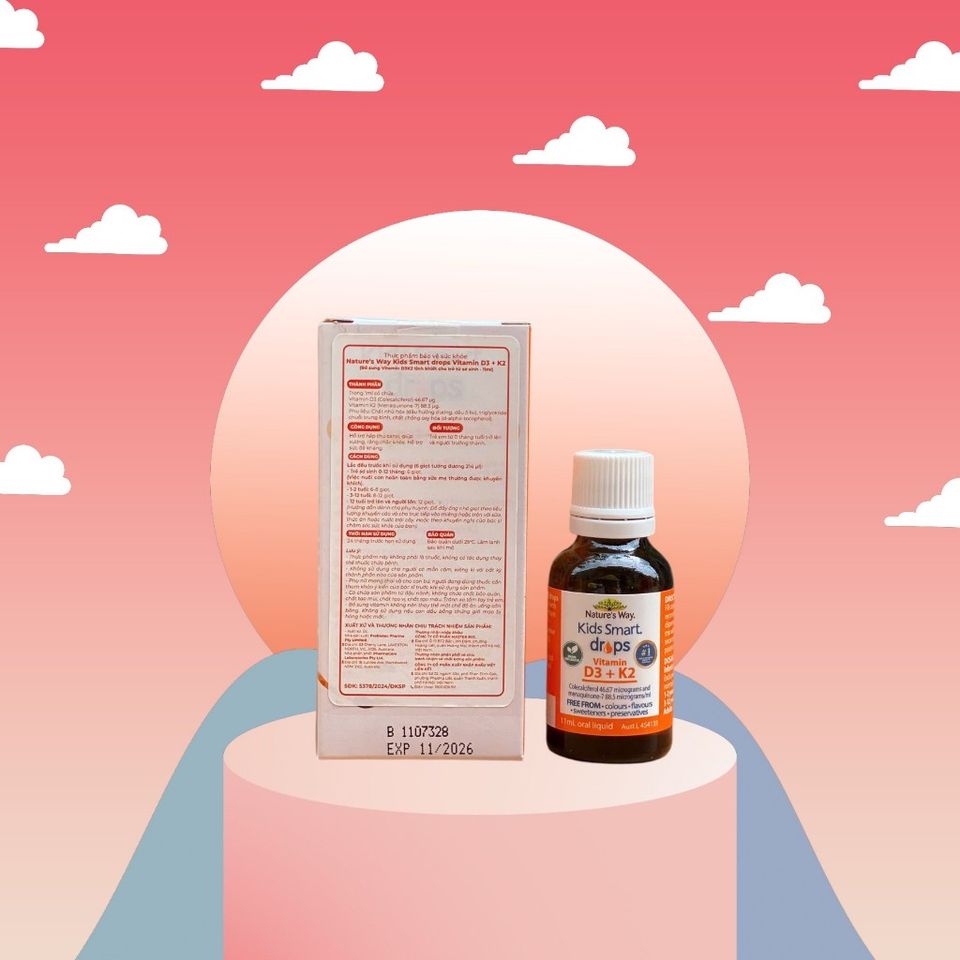 Siro Canxi Vitamin D3 + K2 Natures Way Kids Smart Drops 11ml - Hỗ trợ xương khỏe mạnh, tăng cường sức đề kháng cho trẻ em