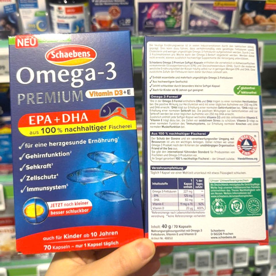 Omega-3 Premium Vitamin D3+E Schaebens Đức 70 viên