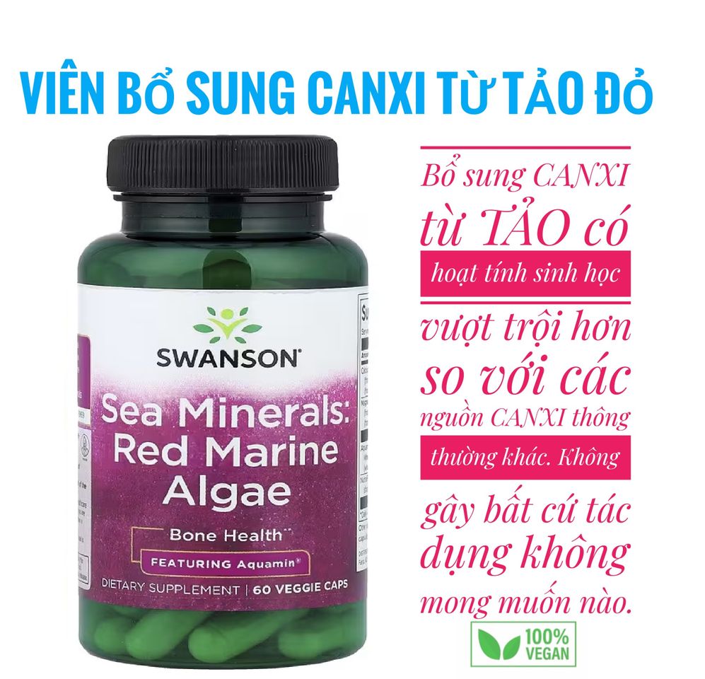 Viên Uống Bổ Sung Canxi Thuần Chay Từ Tảo Biển Đỏ Swanson 60 Viên - Hỗ Trợ Xương Khớp, Dinh Dưỡng Tự Nhiên cho Người Ăn Chay