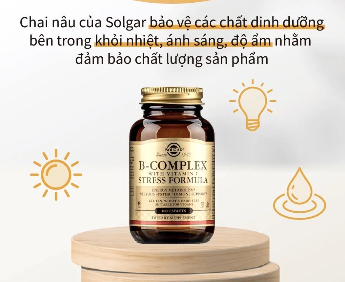 Viên Uống B-Complex With C Solgar 100v - Bổ Sung Vitamin B và Vitamin C Tăng Cường Sức Khỏe, Giảm Căng Thẳng, Chống Oxy Hóa