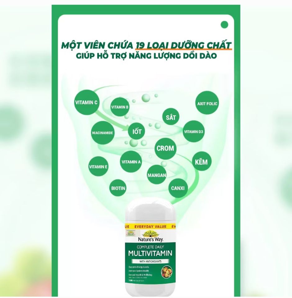 Viên Uống Multivitamin Hàng Ngày Nature’s Way - Bổ Sung Vitamin và Khoáng Chất Toàn Diện, Hỗ Trợ Năng Lượng và Miễn Dịch