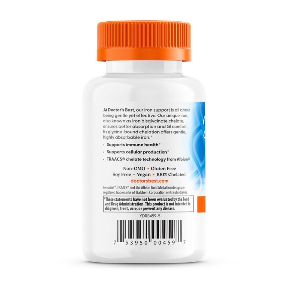 Viên Uống Sắt Doctor's Best Iron Ferrous Bisglycinate Ferrochel - Tăng Cường Sức Khỏe Hệ Tuần Hoàn, Hộp 120 Viên Bổ Máu