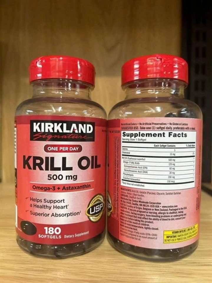 Omega Dầu nhuyễn thể Kirkland Signature Krill Oil 500mg, 180 viên - Bổ sung Omega 3-6-9 cho sức khỏe tim mạch và não bộ