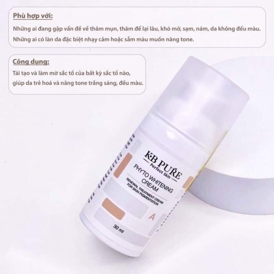 KB Pure Phyto Whitening Cream - Kem Dưỡng Trắng Da Tái Tạo, Giảm Thâm Nám, Chất Lỏng 30ml Cho Da Nhạy Cảm