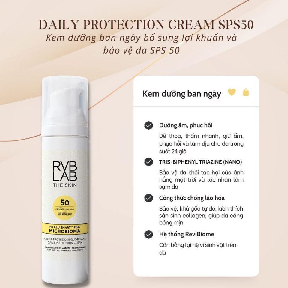 Kem Dưỡng Chống Nắng RVB LAB THE SKIN SPF50 - Bảo Vệ Da, Chống Lão Hóa, Giữ Ẩm, Dùng Làm Lớp Nền Trang Điểm