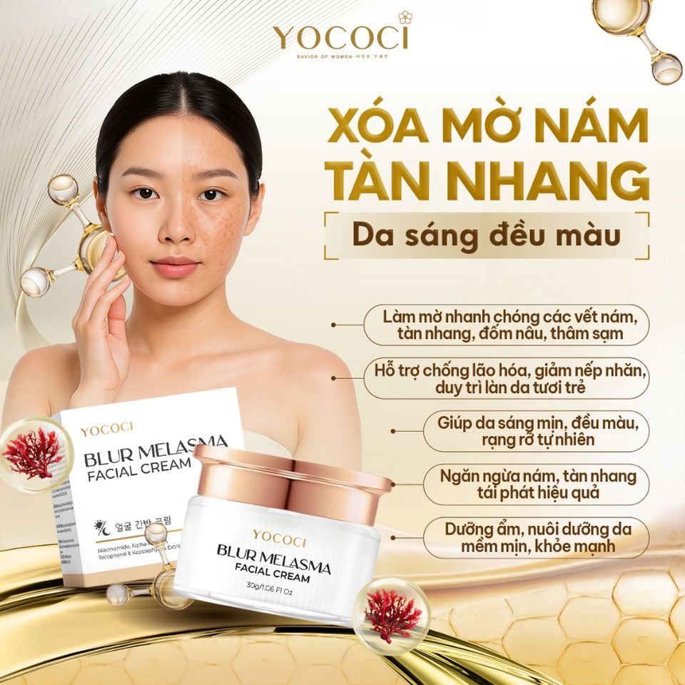 Kem Mờ Nám Tàn Nhang Yococi Blur Melasma Facial Cream 30g - Làm Sáng Da, Ngăn Ngừa Thâm Sạm và Lão Hóa Da Mặt